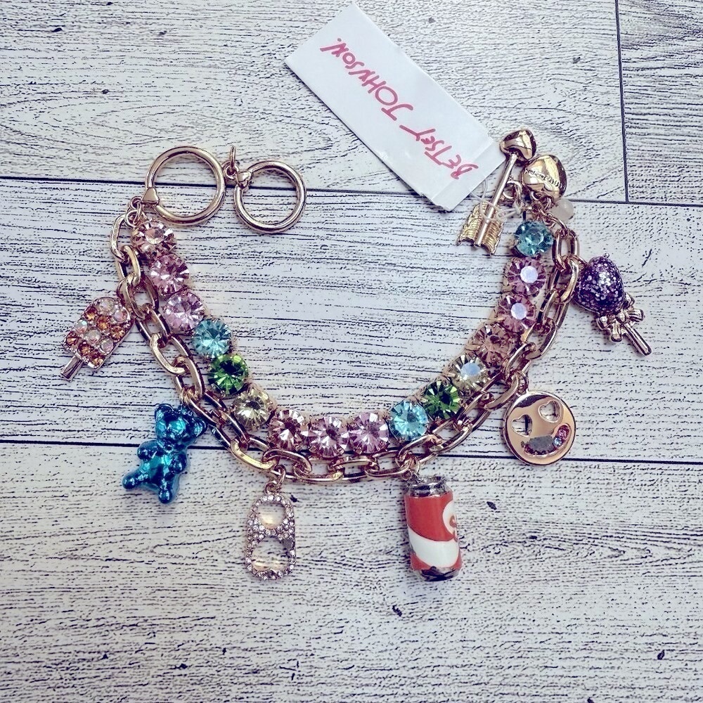 Betsey Johnson Gummy Bear Soda Smiley Face Arrow Rhinestone charm bracelet NEW